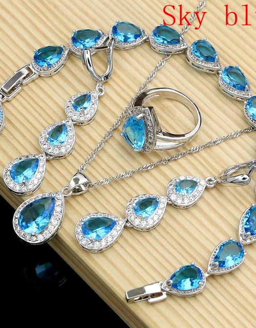 Load image into Gallery viewer, Water Drop Silver 925 Jewelry Red Ruby White Topaz Jewelry Sets Women Long Earrings/Pendant/Necklace/Rings/Bracelet Dropshipping
