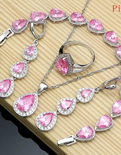 Load image into Gallery viewer, Water Drop Silver 925 Jewelry Red Ruby White Topaz Jewelry Sets Women Long Earrings/Pendant/Necklace/Rings/Bracelet Dropshipping
