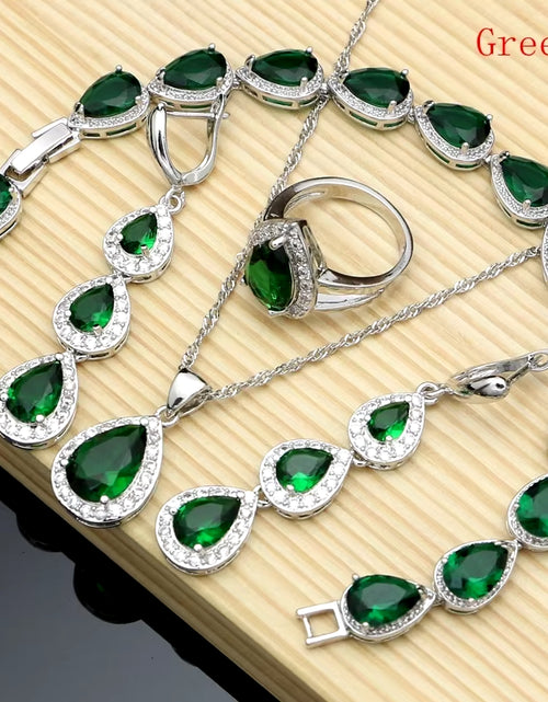 Load image into Gallery viewer, Water Drop Silver 925 Jewelry Red Ruby White Topaz Jewelry Sets Women Long Earrings/Pendant/Necklace/Rings/Bracelet Dropshipping
