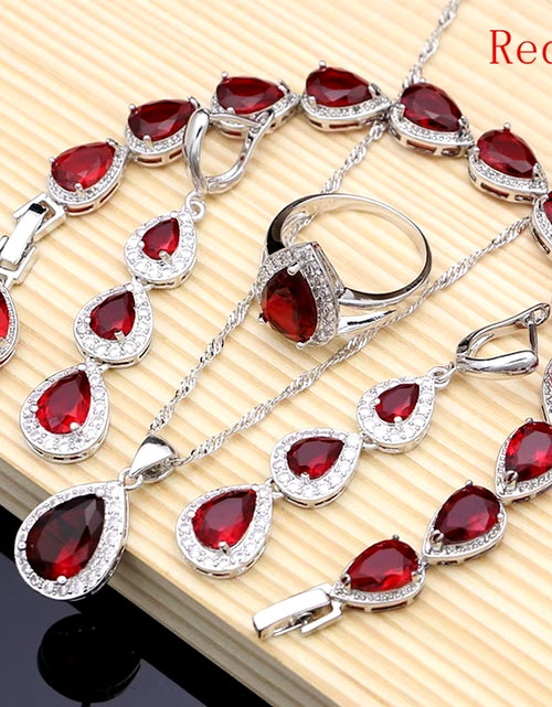 Load image into Gallery viewer, Water Drop Silver 925 Jewelry Red Ruby White Topaz Jewelry Sets Women Long Earrings/Pendant/Necklace/Rings/Bracelet Dropshipping
