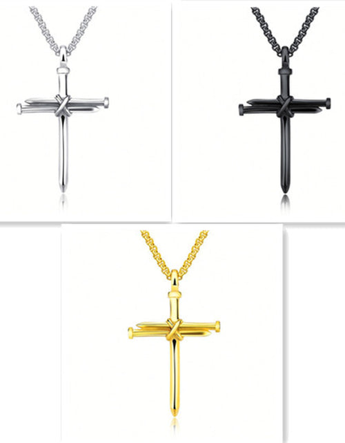 Load image into Gallery viewer, Steel Gold Black Color Fashion Mens Iron Nail Cross Pendant Necklace Stainless Steel 3Mm round Box Chain Jewelry Gift for Men
