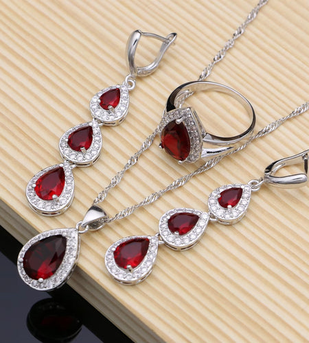 Water Drop Silver 925 Jewelry Red Ruby White Topaz Jewelry Sets Women Long Earrings/Pendant/Necklace/Rings/Bracelet Dropshipping