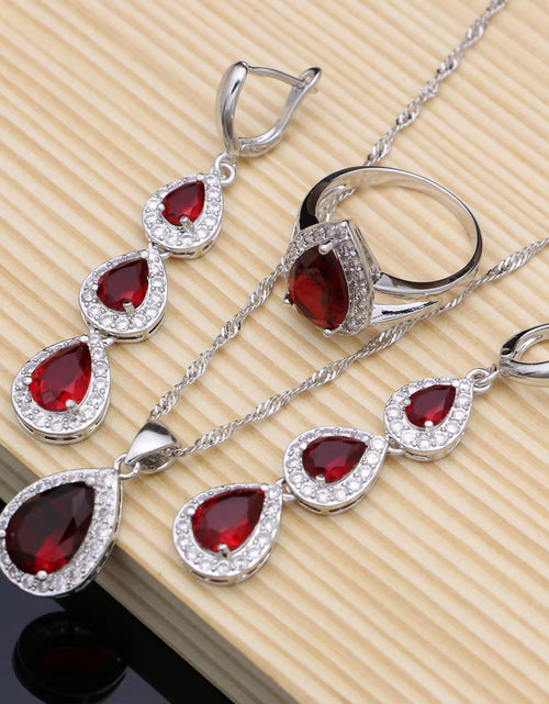 Load image into Gallery viewer, Water Drop Silver 925 Jewelry Red Ruby White Topaz Jewelry Sets Women Long Earrings/Pendant/Necklace/Rings/Bracelet Dropshipping

