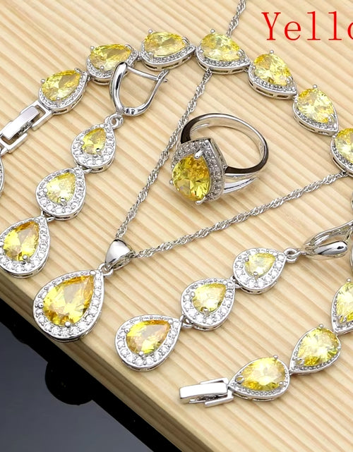 Load image into Gallery viewer, Water Drop Silver 925 Jewelry Red Ruby White Topaz Jewelry Sets Women Long Earrings/Pendant/Necklace/Rings/Bracelet Dropshipping
