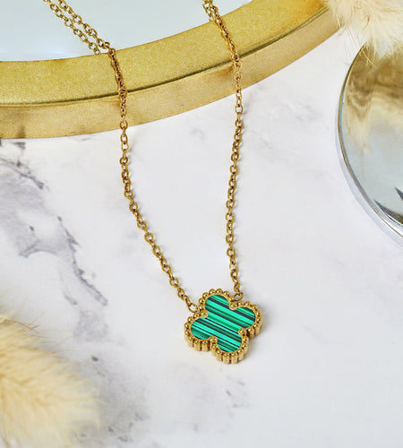 Green Flower Pendant Necklace in Yellow Gold Plated