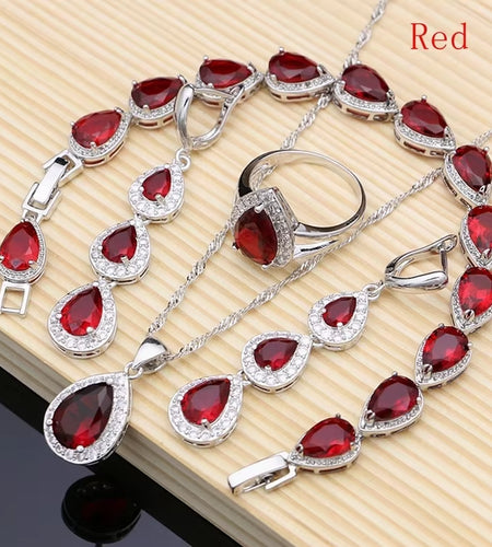 Water Drop Silver 925 Jewelry Red Ruby White Topaz Jewelry Sets Women Long Earrings/Pendant/Necklace/Rings/Bracelet Dropshipping