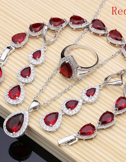 Load image into Gallery viewer, Water Drop Silver 925 Jewelry Red Ruby White Topaz Jewelry Sets Women Long Earrings/Pendant/Necklace/Rings/Bracelet Dropshipping
