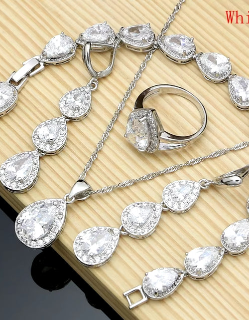Load image into Gallery viewer, Water Drop Silver 925 Jewelry Red Ruby White Topaz Jewelry Sets Women Long Earrings/Pendant/Necklace/Rings/Bracelet Dropshipping
