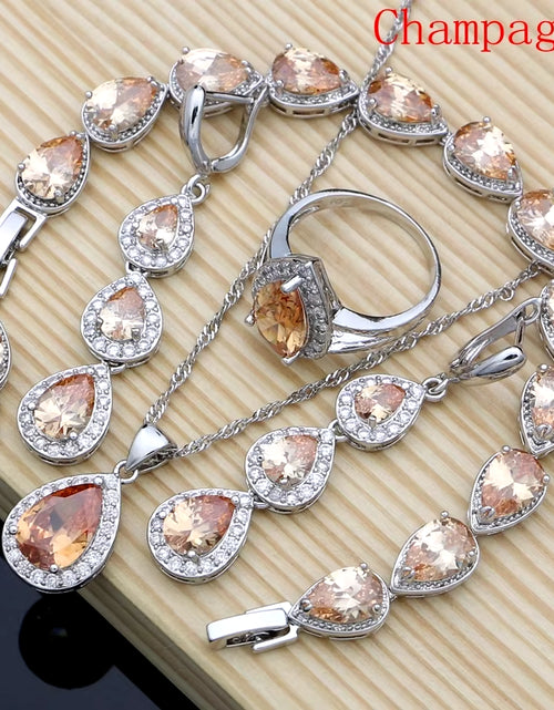Load image into Gallery viewer, Water Drop Silver 925 Jewelry Red Ruby White Topaz Jewelry Sets Women Long Earrings/Pendant/Necklace/Rings/Bracelet Dropshipping
