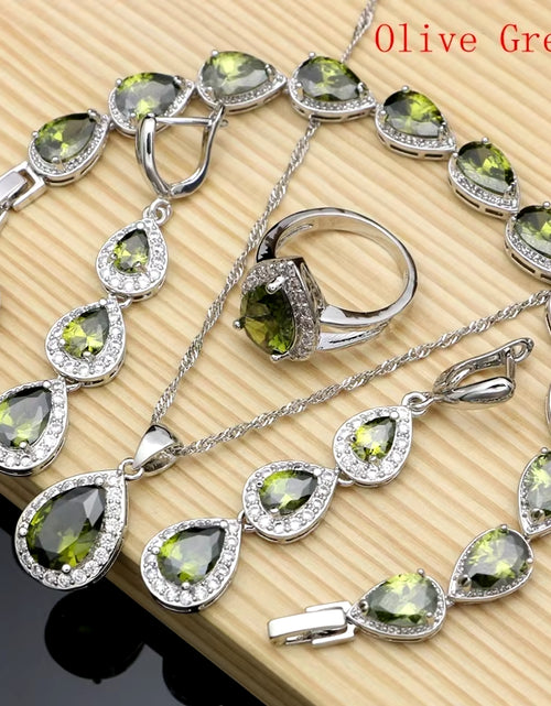 Load image into Gallery viewer, Water Drop Silver 925 Jewelry Red Ruby White Topaz Jewelry Sets Women Long Earrings/Pendant/Necklace/Rings/Bracelet Dropshipping
