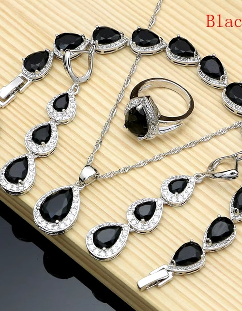 Load image into Gallery viewer, Water Drop Silver 925 Jewelry Red Ruby White Topaz Jewelry Sets Women Long Earrings/Pendant/Necklace/Rings/Bracelet Dropshipping
