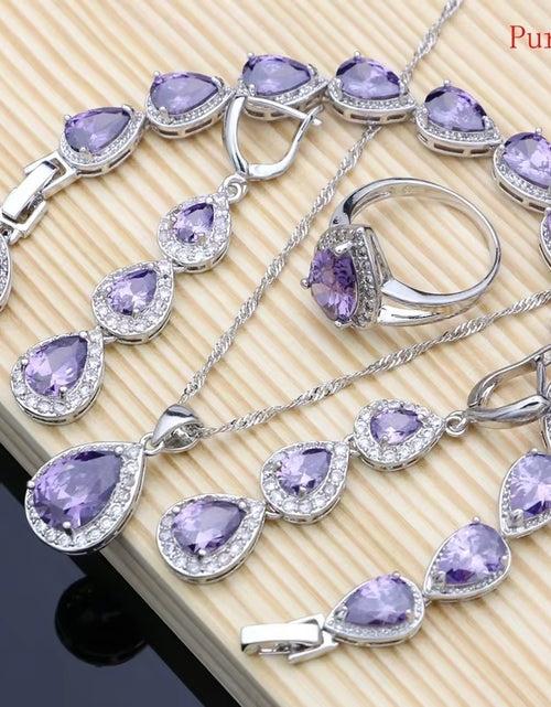 Load image into Gallery viewer, Water Drop Silver 925 Jewelry Red Ruby White Topaz Jewelry Sets Women Long Earrings/Pendant/Necklace/Rings/Bracelet Dropshipping
