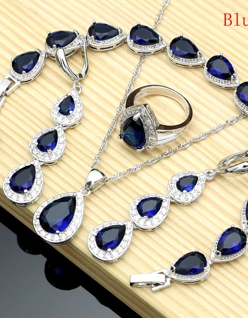 Load image into Gallery viewer, Water Drop Silver 925 Jewelry Red Ruby White Topaz Jewelry Sets Women Long Earrings/Pendant/Necklace/Rings/Bracelet Dropshipping
