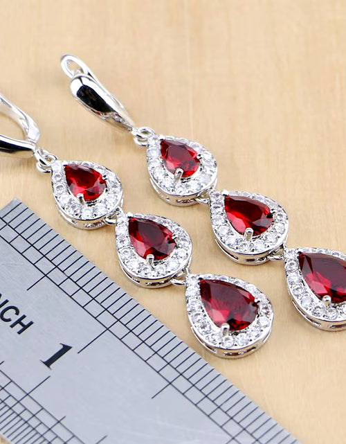 Load image into Gallery viewer, Water Drop Silver 925 Jewelry Red Ruby White Topaz Jewelry Sets Women Long Earrings/Pendant/Necklace/Rings/Bracelet Dropshipping
