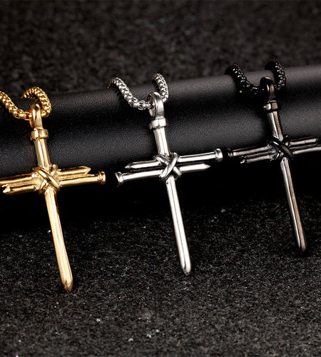 Steel Gold Black Color Fashion Mens Iron Nail Cross Pendant Necklace Stainless Steel 3Mm round Box Chain Jewelry Gift for Men