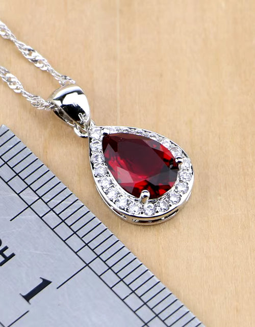 Load image into Gallery viewer, Water Drop Silver 925 Jewelry Red Ruby White Topaz Jewelry Sets Women Long Earrings/Pendant/Necklace/Rings/Bracelet Dropshipping
