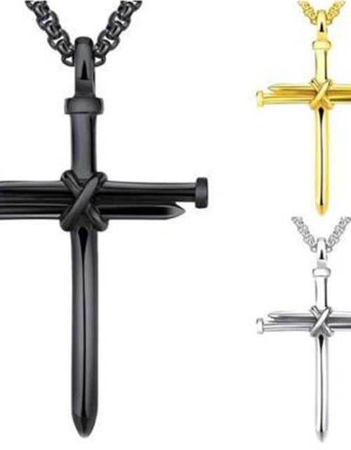 Load image into Gallery viewer, Steel Gold Black Color Fashion Mens Iron Nail Cross Pendant Necklace Stainless Steel 3Mm round Box Chain Jewelry Gift for Men
